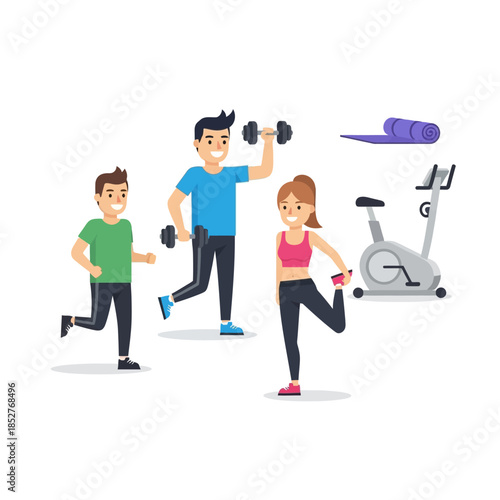 Active individuals engaging in diverse fitness routines with exercise equipment and accessories in