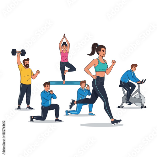 Diverse group of active individuals engaging in various fitness activities including weightlifting