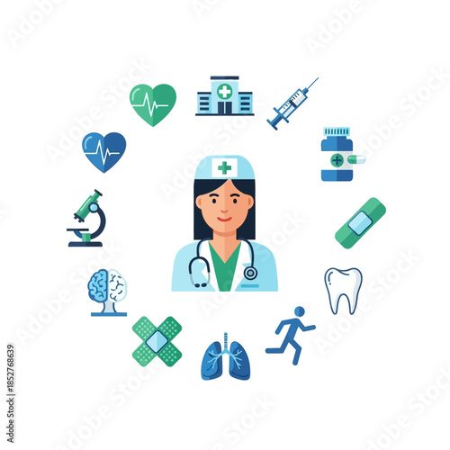 Comprehensive medical and healthcare icons illustrating patient care diagnostics and treatment