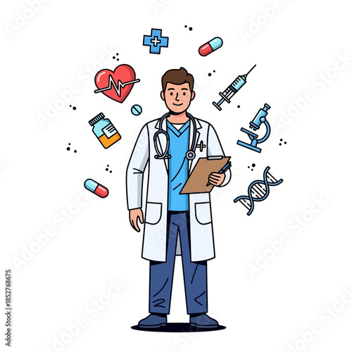 Modern medical professional illustration with healthcare icons and scientific elements