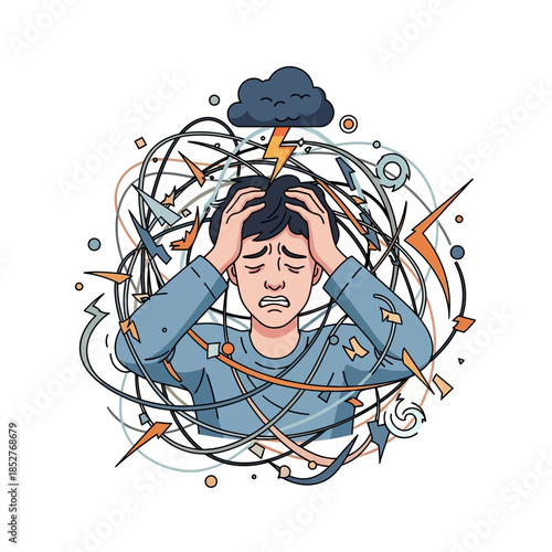 Overwhelmed Individual Experiencing Mental Stress with Chaotic Background Elements