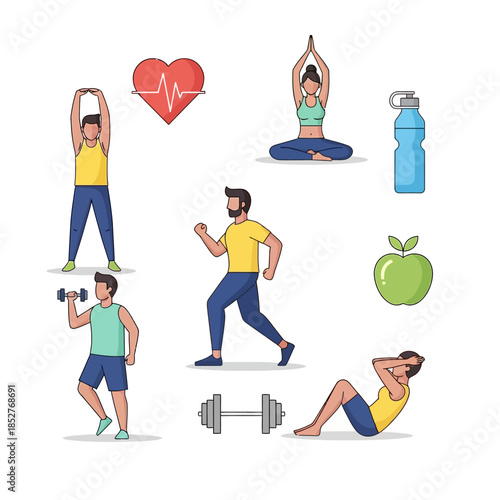 Diverse individuals engaging in health and wellness activities emphasizing fitness and nutritious