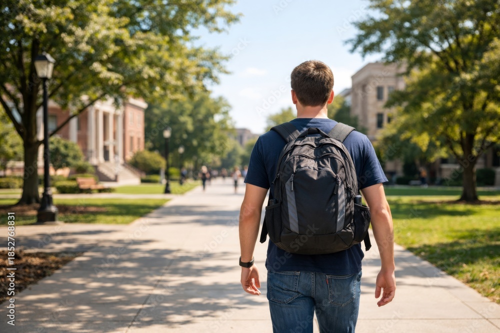 Fototapeta premium Young Caucasian male student walking on campus with a backpack, enjoying a sunny day surrounded by greenery.