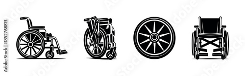 Wheelchair set, mobility aid, accessibility symbols, flat vector illustration