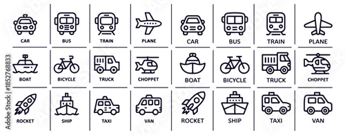 Cute kawaii transportation vehicles icons collection flat design style vector