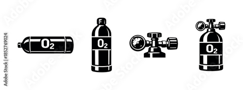 Oxygen tank and regulator set, flat vector illustration, gas cylinder icons