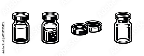 Medicine vials set, flat vector illustration of pharmaceutical bottles