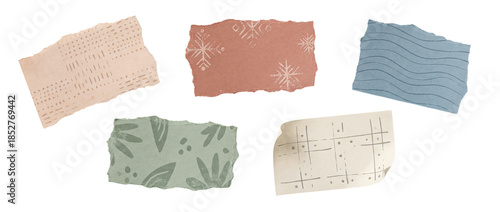 Scrapbook paper design elements featuring torn paper scraps and collage pieces isolated on a transparent background