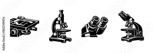 Microscope set with flat vector illustration, lab equipment, scientific icons