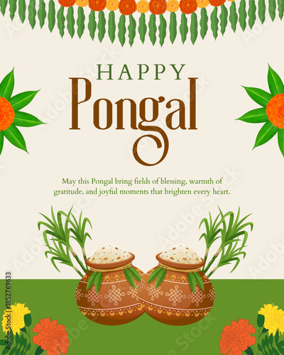 Happy pongal celebration wishes poster design template images for social media design.with pot sugarcane 