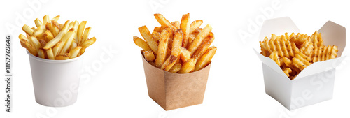 French fries in different boxes without label, isolated on white background.