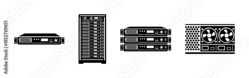 Server hardware, network equipment, flat vector illustration of data technology