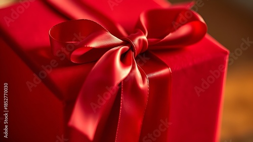 Velvety red gift box with satin ribbon, highlighting luxurious textures and warm lighting.