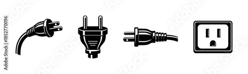 Electric plug and outlet set, flat vector illustration, power cord, connection