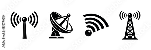 Wireless communication symbols, vector illustration, flat style, antennas, signals