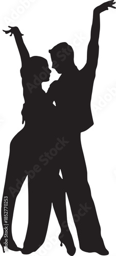 Silhouette of Sensual Couple Dancing Bachata or Salsa with Arms Raised Vector