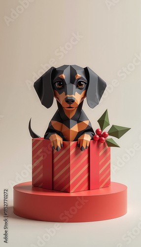 Dachshund puppy in a gift box with holiday decorations  