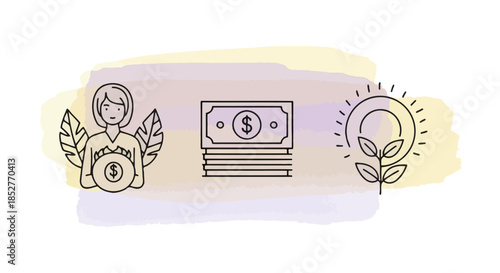 Sustainable investment, financial growth, and savings line art icons.