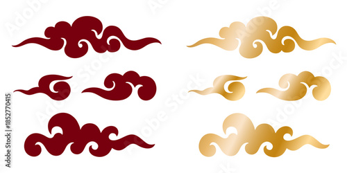 Vector Chinese clouds silhouette set of red and golden colors isolated on white. Drawing illustration of curl or swirl set of stencil style. Chinese New Year decoration, oriental traditional design.