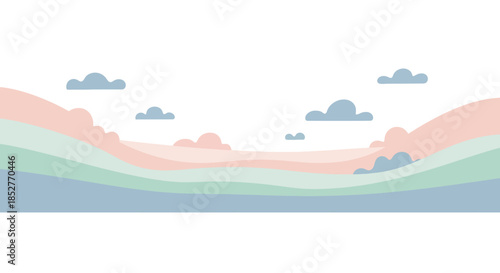 Pastel Layered Landscape with Simple Clouds. Minimalist Background Vector.