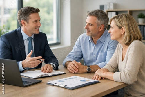 Wallpaper Mural A professional meeting between a young Caucasian businessman and a middle-aged couple discussing financial planning in a modern office. Torontodigital.ca