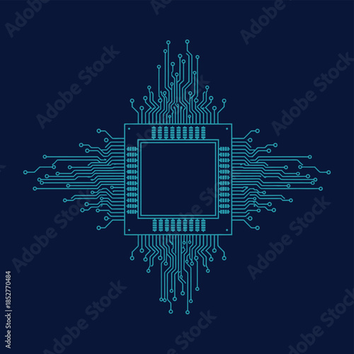 Digital CPU Microchip illustration with glowing circuit traces on dark background