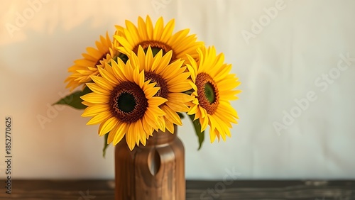A vibrant sunflower arrangement in a wooden vase, radiating warmth and rustic charm under golden light.