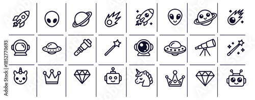 Set of space themed icons with rocket alien planet comet astronaut ufo telescope magic wand unicorn crown diamond robot