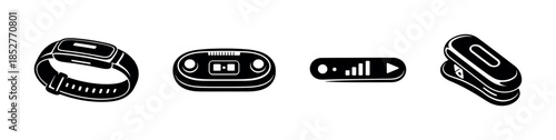Fitness tracker gadgets, wearable devices, tech icons, flat vector illustration