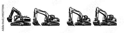 Excavator designs, construction vehicles, heavy machinery, flat vector illustration