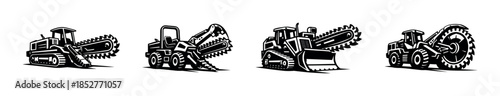 Construction vehicles with chainsaws, flat vector illustration, heavy machinery