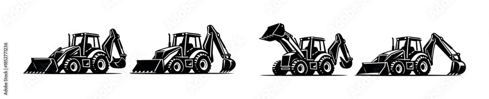 Naklejka premium Tractor and backhoe collection, construction vehicles, flat vector illustration