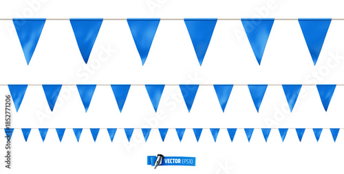 Vector realistic illustration of blue pennant garland on a white background.
