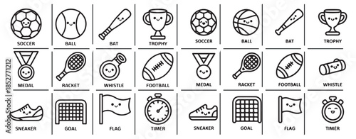 Set of sport icons with soccer ball bat trophy medal racket whistle football sneaker goal flag timer
