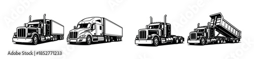 Truck collection, semi, dump, flat vector illustration in monochrome style
