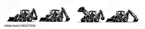 Tractor and backhoe collection, construction vehicles, flat vector illustration