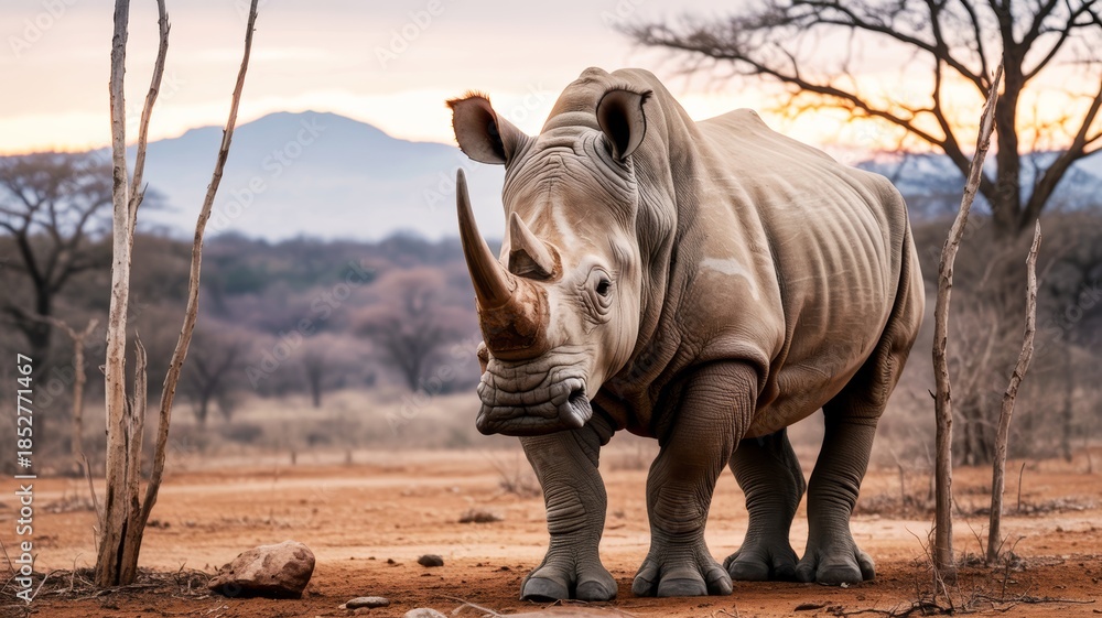 Fototapeta premium A majestic rhinoceros stands in a dry landscape during sunset, showcasing its impressive horn and unique skin texture.