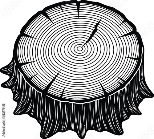 Detailed tree stump illustration with visible growth rings and roots