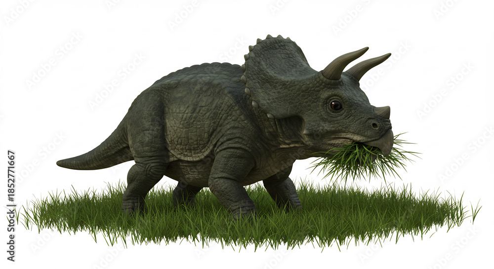 Fototapeta premium Realistischer Triceratops frisst gen�sslich gr�nes Gras mit feinen Details unter weichem Tageslicht digital erstellt. AI Generated