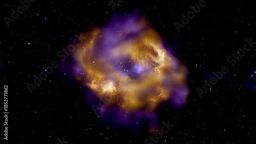Two neutron stars spiraling into collision with blinding white flash and shockwave releasing gold and platinum dust into cosmic nebula