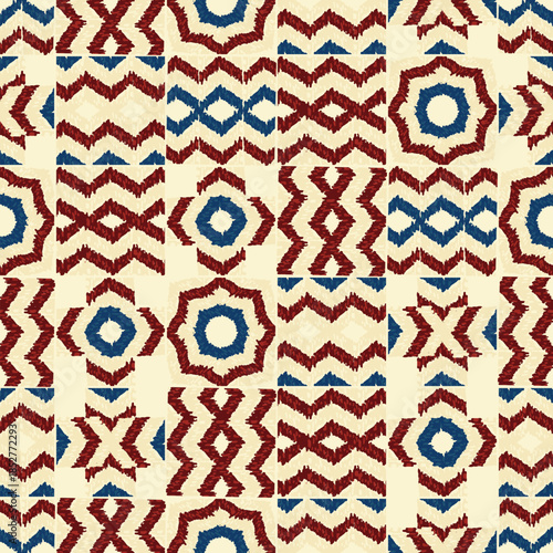Vibrant geometric seamless pattern design showcases dark blue and red shapes beautifully arranged against a cream backdrop. Ethnic hand made background