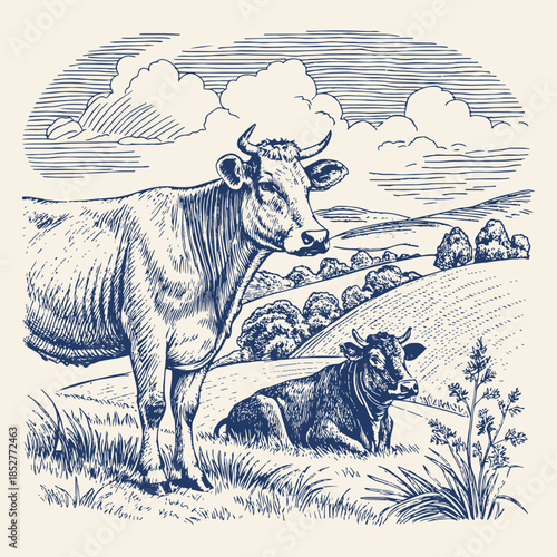 Vintage engraving style illustration of two cows on a meadow, standing and lying on grass with countryside landscape in the background.