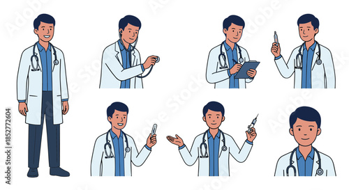 Set of Illustrations of Medical Professionals Demonstrating Various Healthcare Actions and Tools