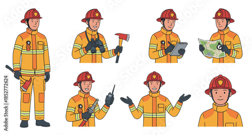 Collection of Firefighter Poses and Actions, Illustrating Their Work and Equipment