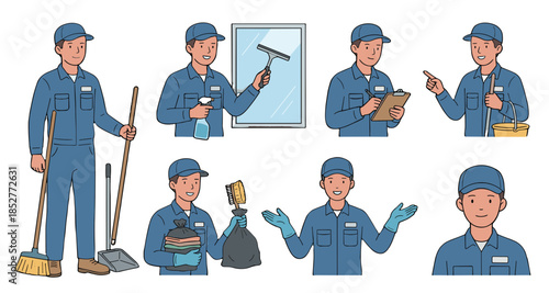 Set of illustrations depicting cleaning professionals and their tools