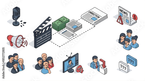 Comprehensive isometric visualization of the media industry's ecosystem, showcasing content creation, financial flow, news reporting, and audience interaction