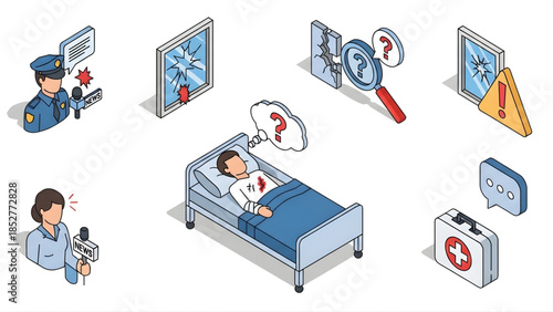 Isometric illustrations depicting elements of crime scene investigation, including police, victim, medical aid, and evidence analysis