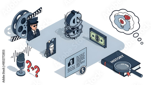 Unraveling complex narratives through diligent investigation, financial scrutiny, historical research, and media production, depicted in a detailed isometric line art illustration