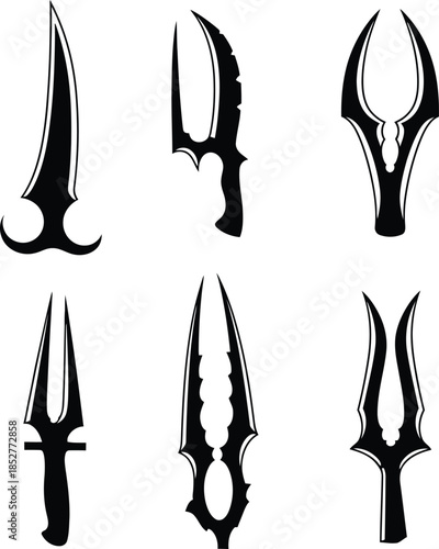 Set of exotic jagged fantasy daggers and aggressive bladed weapon silhouettes for professional game asset vector design.