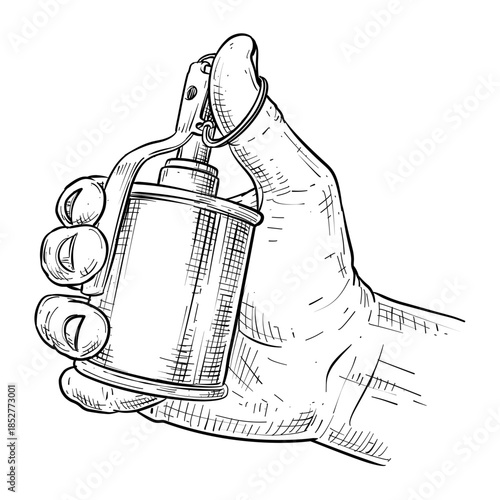 hand holding grenade vector line art hand drawn illustration
